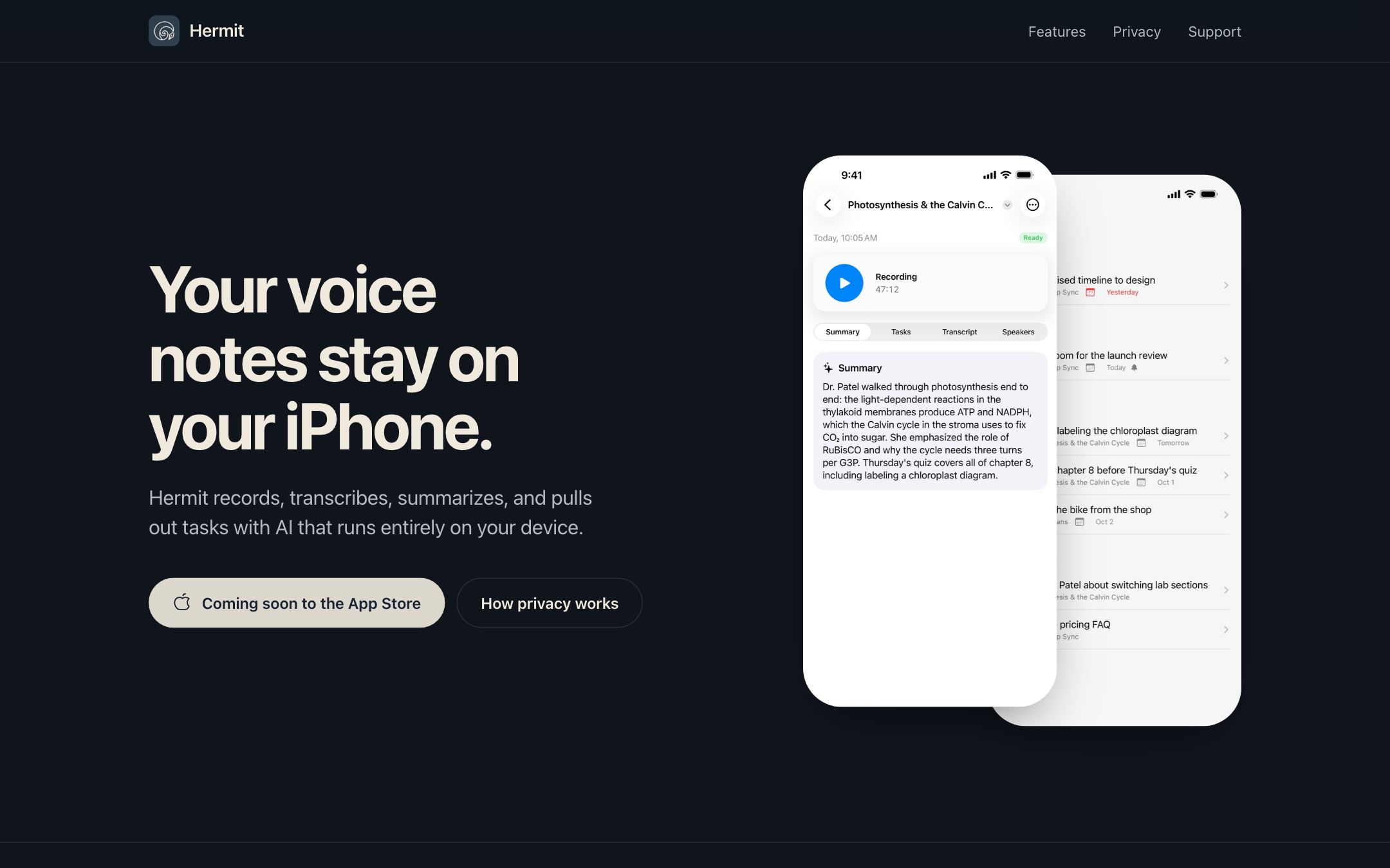 The Hermit landing page: 'Your voice notes stay on your iPhone.', beside two iPhone screens showing a lecture recording summary and a task list.