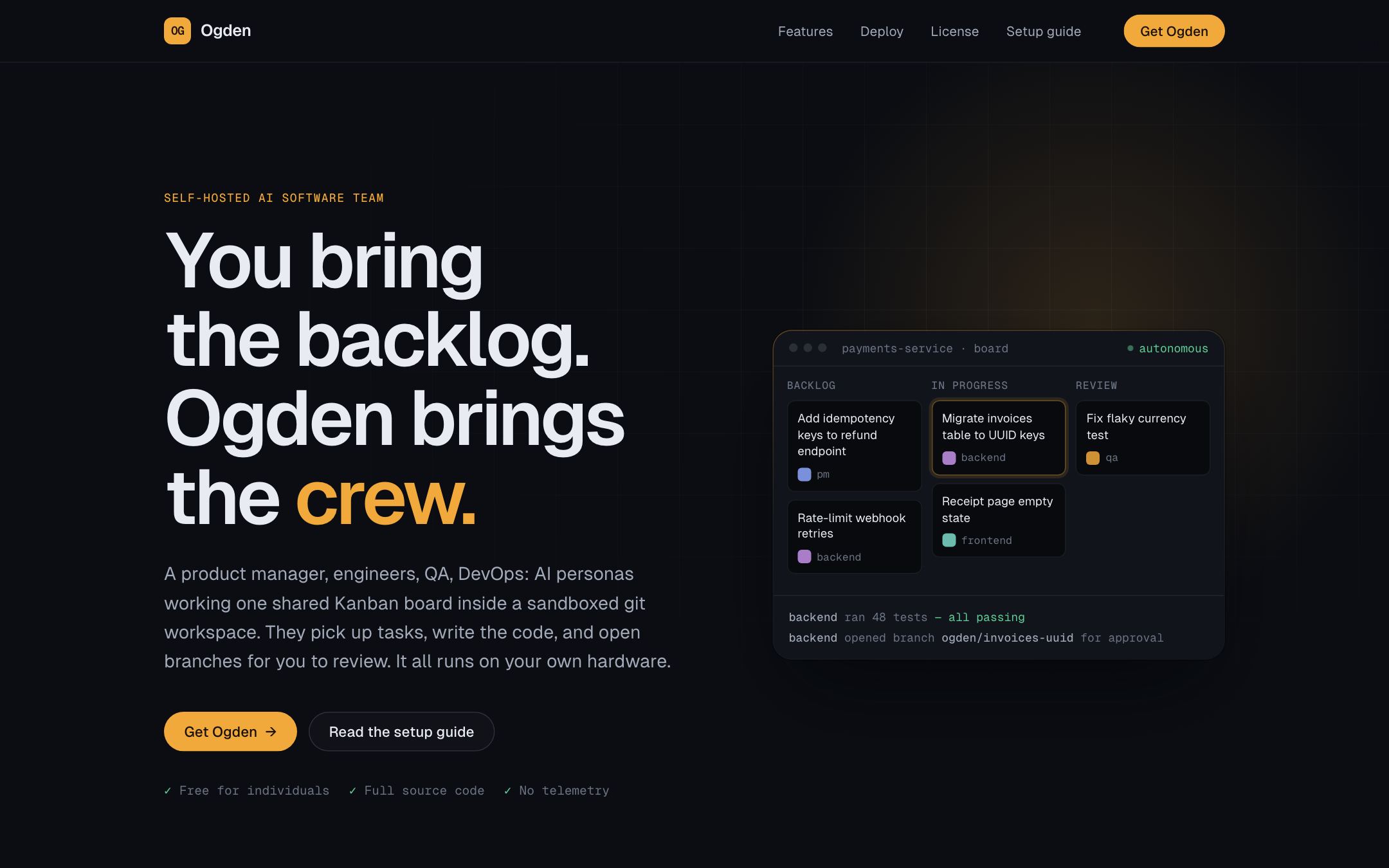 The Ogden landing page: 'You bring the backlog. Ogden brings the crew.', beside a Kanban board where AI personas move tasks from backlog to review.